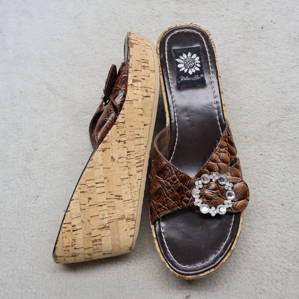 Yellow Box Womens 8.5 Wedge Sandals Brown Crocodile Embossed Cork Rhinestone